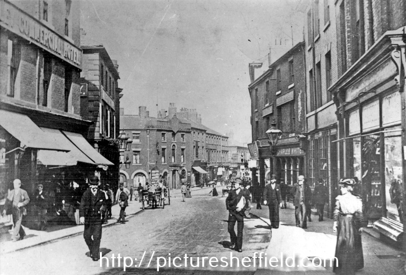 Castle Street looking towards Haymarket into Exchange Street and Royal Hotel. Premises on right include Nos. 12 - 14 George Chappell, boot manufacturer. No.1, Imperial Family and Commercial Hotel, left