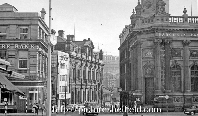 Looking towards Commercial Street and Gas Company Offices, from High Street, Yorkshire Bank (former General Post Office), left, Fitzalan Square and Barclays Bank, right