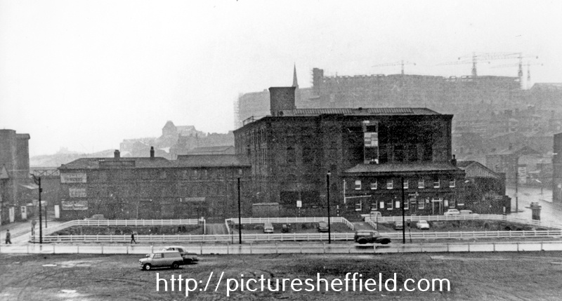 Corn Exchange (foreground) looking towards City Goods Station, construction of Park Hill and Hyde Park Flats in background