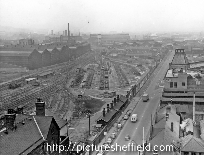 Elevated view looking towards the site of Wicker goods yard and Savile Street, Attercliffe, showing Midland Railway Goods Offices (bottom left), T.W.Wards (right) Cyclops Works in the background (left) and Atlas Works (centre)