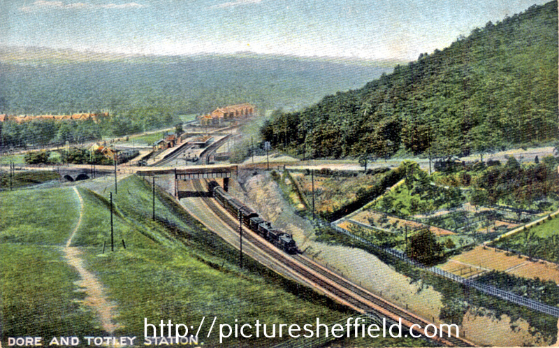 Dore and Totley Station, Midland Railway, train is passing under bridge at Twentywell Lane, Abbeydale Road South in background