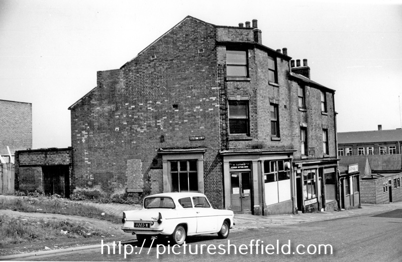 Upper Allen Street at the junction Daisy Walk with showing H. Clethro's betting shop at No. 186 and the Black Horse public house on the corner of Brownell Street and Upper Allen Street