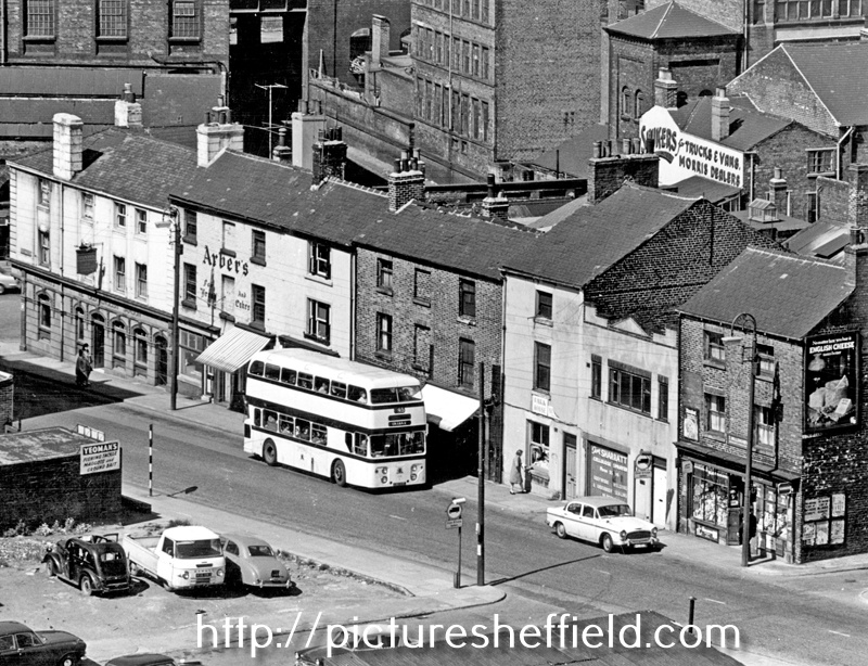 Elevated view of Nos. 1-19, Duke Street, including Nos.1 - 3, Ye Olde English Samson public house, No 7, S. Arber, confectioner, No. 15, T. Sharratt, cellulose finisher, No. 19, Miss M. Willoughby, shopkeeper