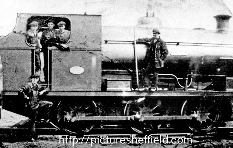 T.R.G. Peckett O-6-0 Saddle Tank Steam Locomotive, Brookhouse Colliery, Sheffield Coal Company, showing Harrison Boulton (centre of footplate), Ted Willamson, driver (right of three men), Roland Payne, locomotive fitter (below footplate))
