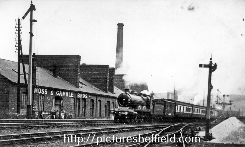 Down Great Central Railway Express near Wadsley Bridge, rear of Moss and Gamble Brothers, Steel Works