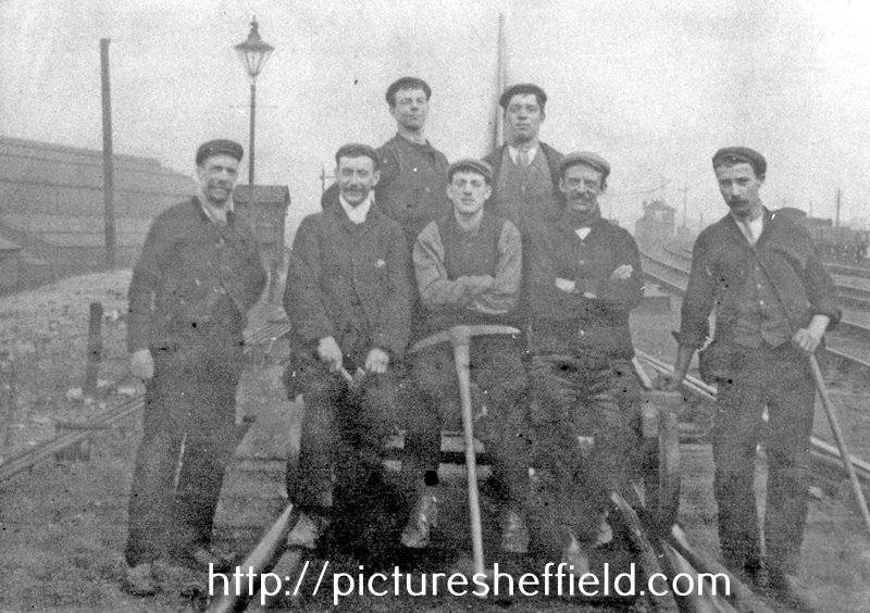 John George Mayes, foreman platelayer (possibly far left) with a team of workers, Sheffield District Railway at West Tinsley Station