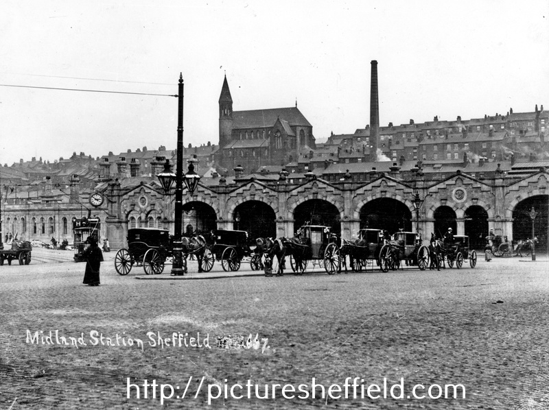 Sheaf Street outside Sheffield Midland railway station looking towards St. Luke's Church, showing hansom cabs in foreground
