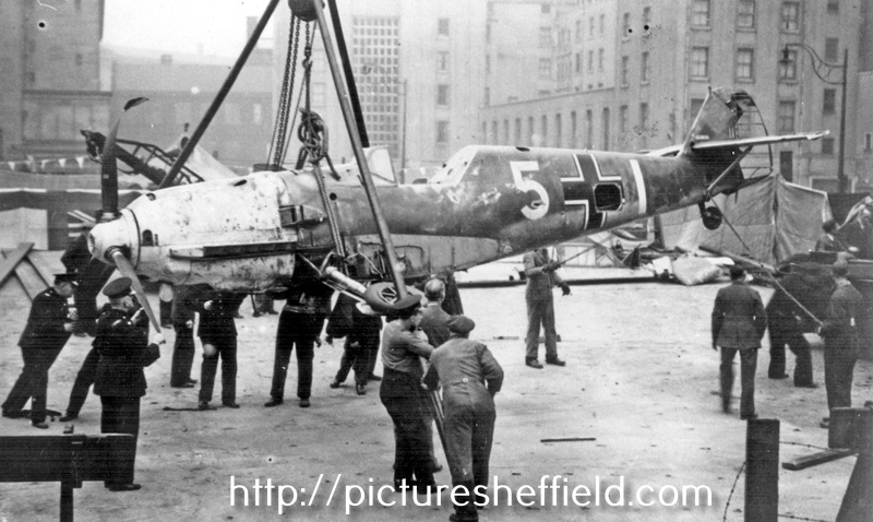 German Messerschmitt 109 plane brought down at Margate, September, 1940, shown on Albert Hall site, Barkers Pool, in aid of the Sheffield Newspapers War Fund
