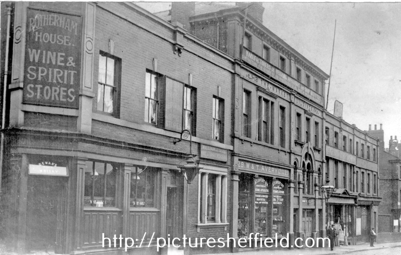 Exchange Street, from Castlefolds Lane to the bridge. No. 27 Rotherham House public house, No 29, W. and T. Avery Ltd., weighing machines manufacturers