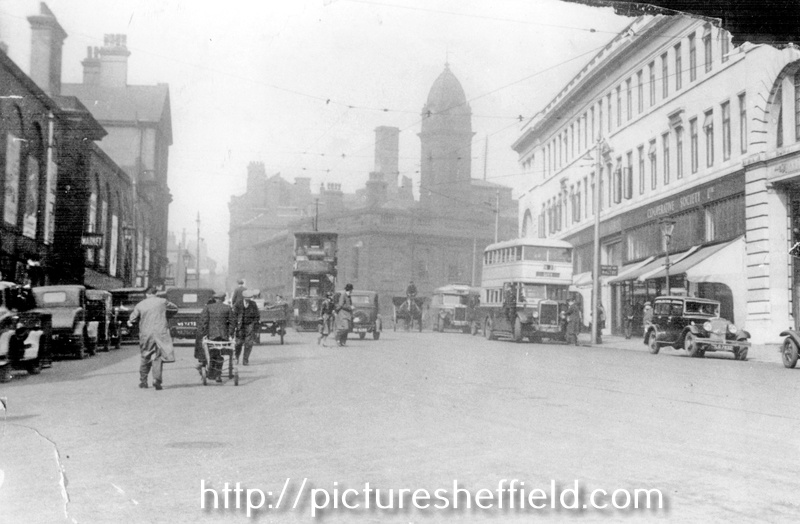 Exchange Street looking towards the Court House and Castle Street, Brightside and Carbrook (Sheffield) Co-operative Society, City Stores, right, Norfolk Market Hall, left