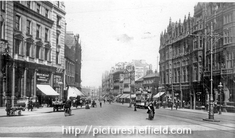 Fargate, 1895-1915, Bank Chambers, left, including No. 58 G.N.R. Co., passenger enquiry offices and No. 60 Harold W. Mills and Co., ironmongers, Albany Hotel, Yorkshire Penny Bank and Carmel House, right