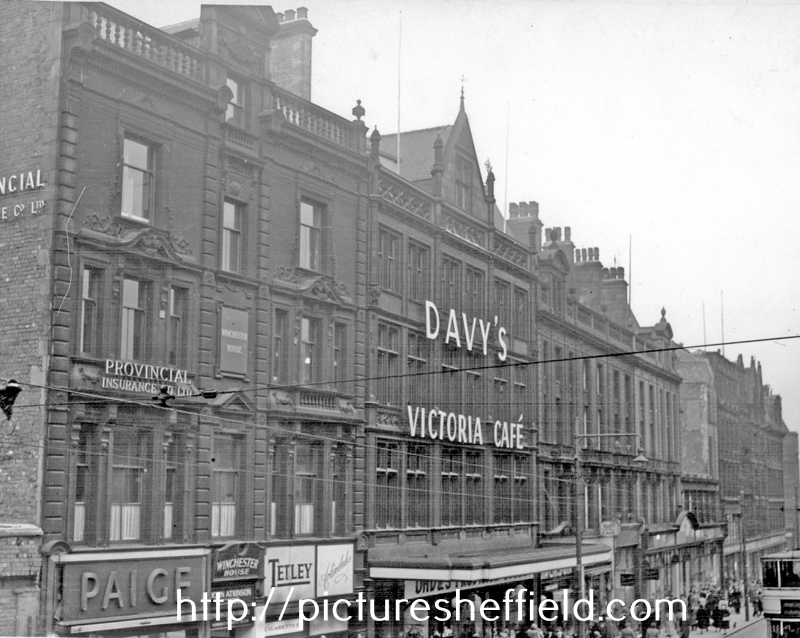 Fargate including Nos. 42-46 Winchester House (including Provincial Insurance Company), No. 46 Paige Gowns, Nos. 38-40 Arthur Davy and Sons, provision dealers and Victoria Cafe