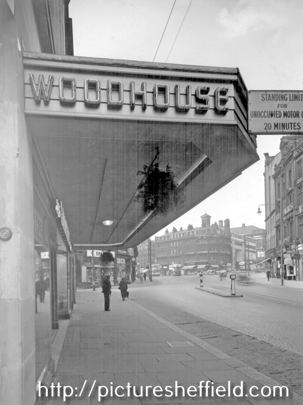 Fargate looking towards Town Hall Square from outside Nos 33/35, James Woodhouse and Son, House Furnishers, 1950-1955 	