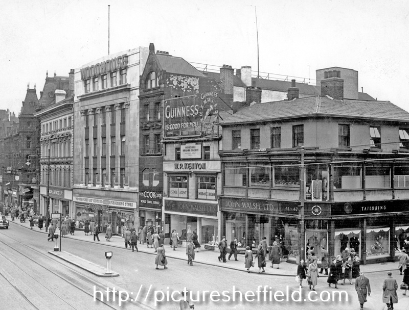 Fargate, Nos. 25 - 31 Victoria House including Marks and Spencer, Nos. 33 - 35 James Woodhouse and Son, house furnishers, No. 37 Thomas Cook and Son, travel agents, Nos. 41 - 43 W.P. Kenyon, estate agents, Nos. 41/47 John Walsh Ltd., department store