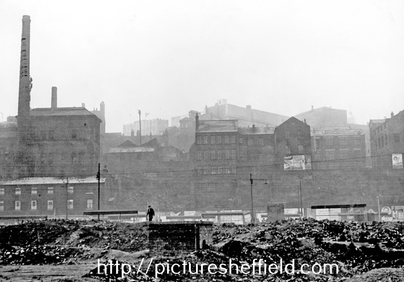 Pond Street Bus Station looking towards City Centre, includes derelict Pond Street Brewery, left, with chimney, houses in front of brewery include Court 24, Derelict space in centre are remains of Courts 18, 20 and 22 and Stevenson's Buildings