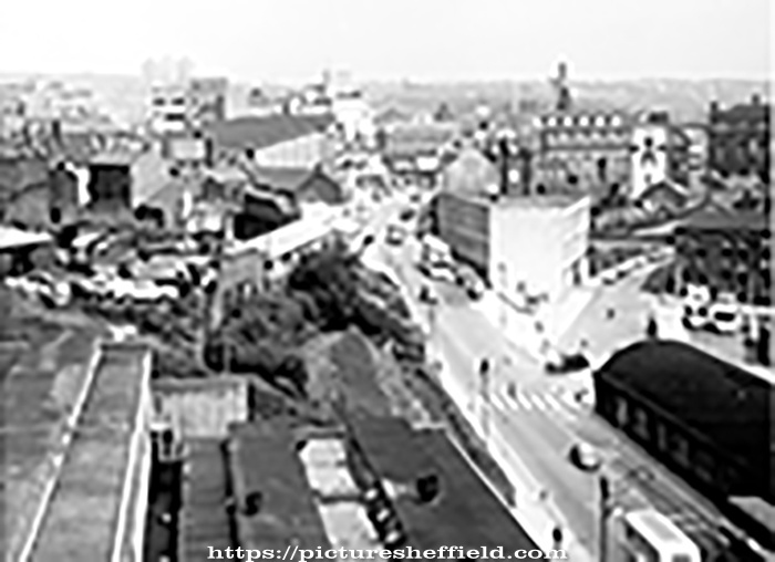Elevated view of Pond Street looking towards Flat Street, Pond Street Bus Station, right in foreground, roofs of College of Technology, left in foreground, General Post Office and Garages, centre