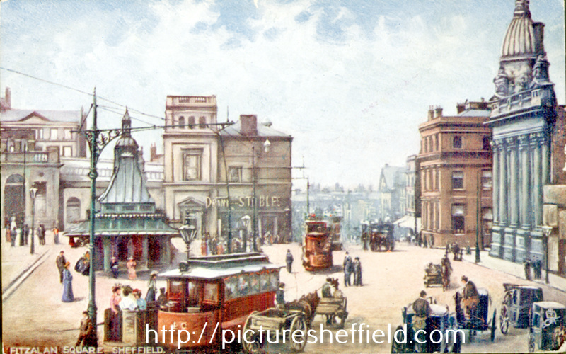Fitzalan Square, 1895-1915, Market Street and Omnibus Waiting Room, left, Fitzalan Market Hall, centre, Birmingham District and Counties Banking Co. Ltd. and General Post Office (Haymarket), right