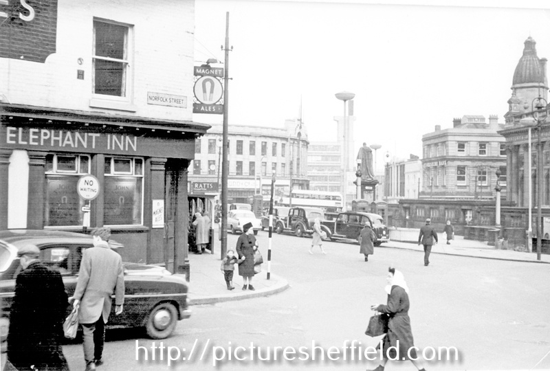 Fitzalan Square from Norfolk Street, 1965-1970, Nos. 2/4 Norfolk Street, Elephant Inn, Yorkshire Bank and Barclays Bank in distance