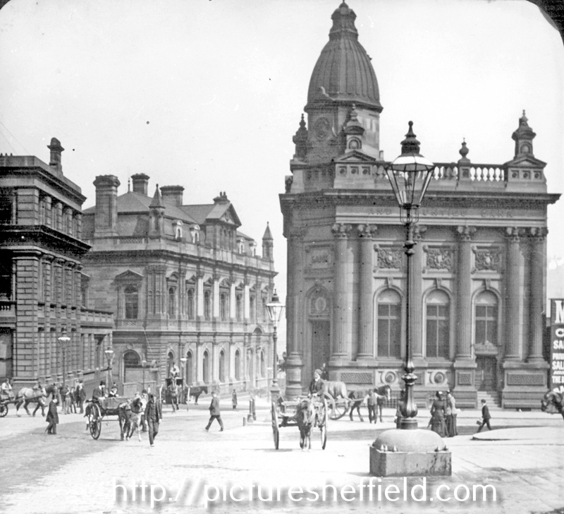 Fitzalan Square looking towards Commercial Street and Gas Company Offices, 1880-1890, Birmingham District and Counties Banking Co. Ltd, right, General Post Office, left
