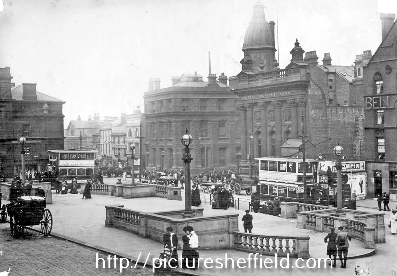 Fitzalan Square, High Street and Haymarket, left, General Post Office (Haymarket), centre, Birmingham District and Counties Banking Co. Ltd. and Bell Hotel, right