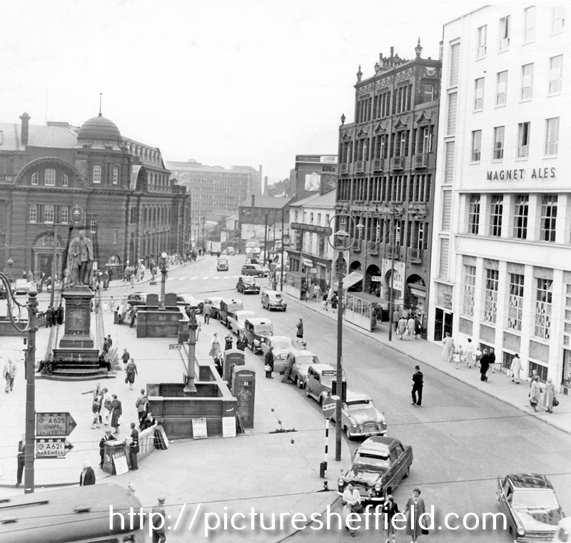 Fitzalan Square looking towards Flat Street, General Post Office and King Edward VII Statue, left, No. 4 Marples Hotel and The White Building, right