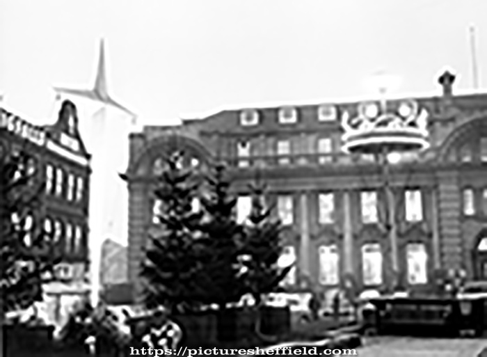 Fitzalan Square showing Christmas decorations, General Post Office, Baker's Hill and No.11 Henry Wigfall and Son Ltd., house furnishers in background