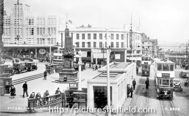 Fitzalan Square looking towards C and A Modes Ltd., Nos. 59 - 65 High Street and Haymarket, Transport Offices, foreground