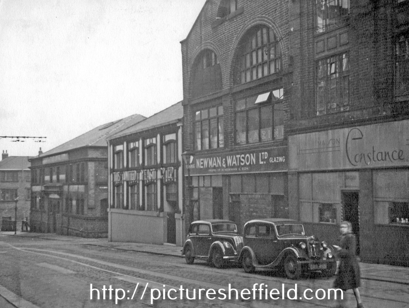 Furnival Street from Moorhead, No. 6 Maison Constance, gents' hairdressers, No. 10 Newman and Watson Ltd., plumbing contractors, No. 12 United Yeast Co. Ltd., yeast manufacturers, Kerry's (Great Britain) Ltd., motor accessories (Kerry House)