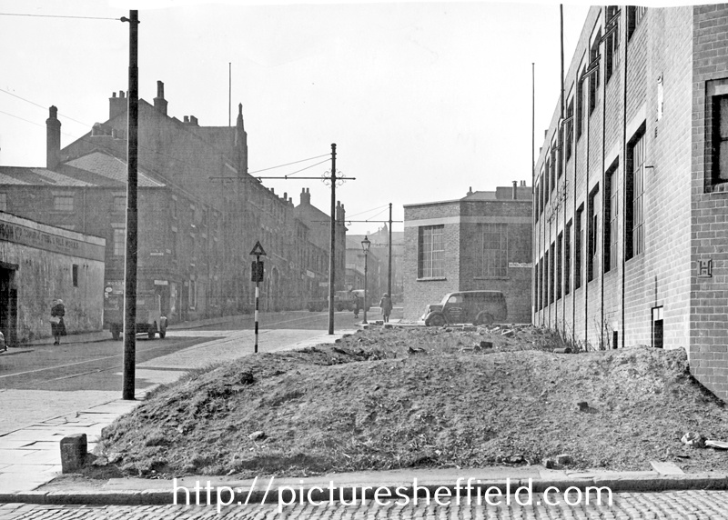 Furnival Street looking towards junction of Arundel Street, Central Case Co. Ltd., cutlery case makers, right
