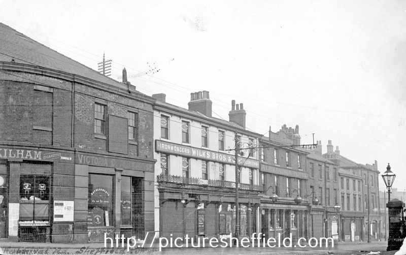 Furnival Road, 1915-1925, from Exchange Street, No. 1 Furnival Road, Clement Schofield Kilham, tobacconist; Nos. 3 - 5 Michael Law, refreshment rooms; Nos. 7 - 9 Wilks Bros and Co., ironmongers and Nos. 11 - 13 Alexandra Hotel