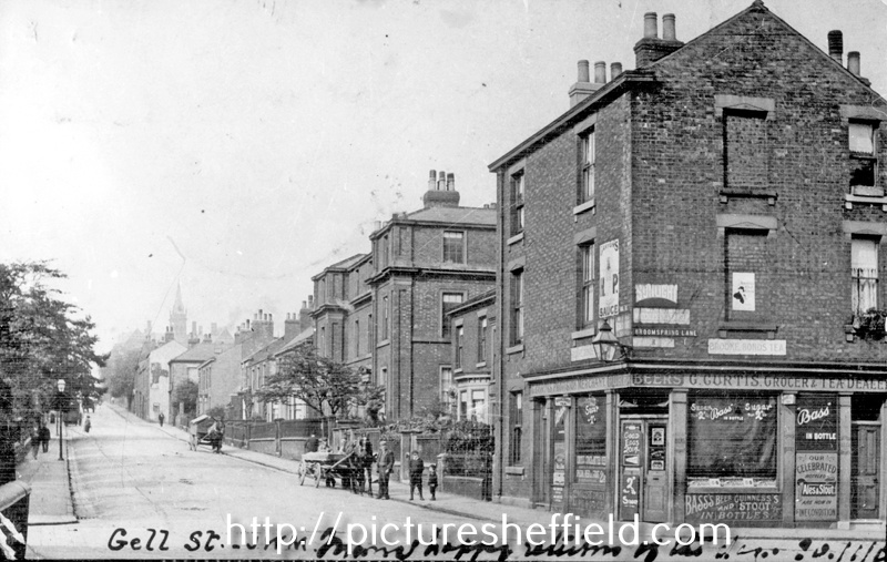 Gell Street from Broomspring Lane, 1895-1915, No 66, Broomspring Lane, No 66, George Curtis, Grocer and Beer Retailer, Servants Home and Housewifery School, large building on right, in background