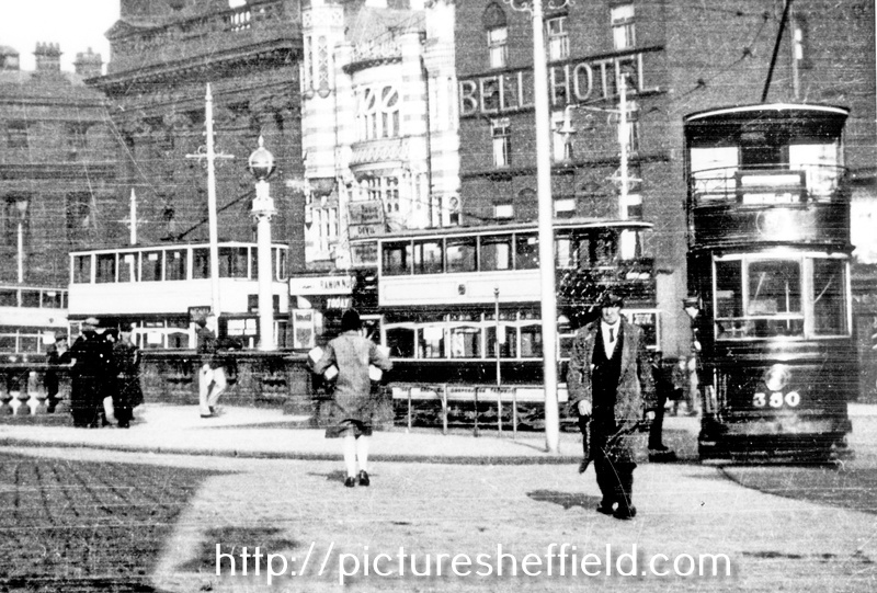 Electric tram No. 350 in Fitzalan Square, Barclays Bank, News Theatre and Bell Hotel in background
