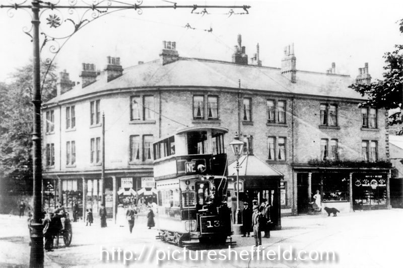 Looking towards junction of Nether Edge Road (left) and Machon Bank Road (right) from Machon Bank, Tram No. 132, in service 1901-1926, top covered 1904. Nether Edge Market in background