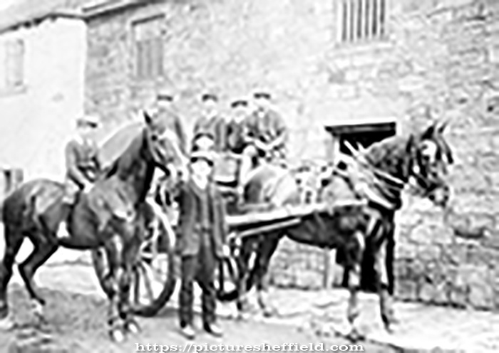 Mr. Hunter and boys with working horses and cart outside Manor House Farm, Tinsley