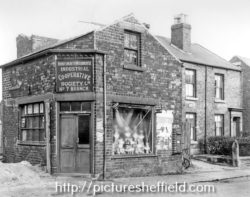 Handsworth and Woodhouse Industrial Co-operative Society Ltd., Branch No. 7, No. 38 Normanton Springs, prior to modernization (street sign on wall reads Linneker's Cottages)