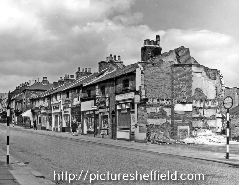 Hereford Street after the demolition of Nos. 45 - 47 Bridge Inn, premises still remaining include No. 41 A.P. Smith and Bros. Ltd., butchers, No. 39 Fras. Turner, tobacconist, No. 35, Ernest Speechley, snack bar