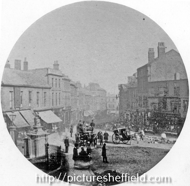 High Street, from the junction of Church Street and Fargate, Parish Church gates and Pawson and Brailsford (before Parade Chambers), left, William Foster and Son, tailors and White Bear Inn, right