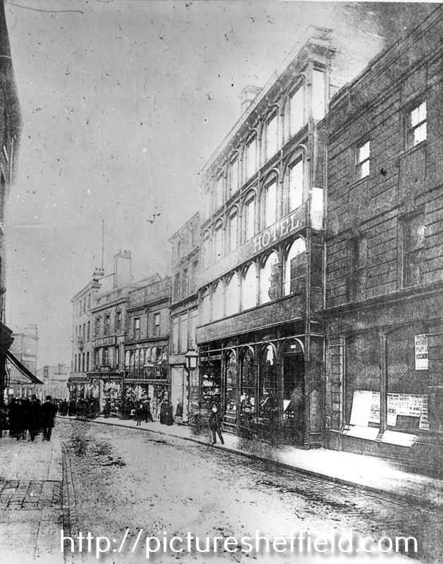 High Street, from Mulberry Street, prior to road widening, Nos. 48 - 50 Duncan Gilmour and Co., wine and spirit merchants and Clarence Hotel, Nos. 52 - 56 J. Walsh and Co., drapers