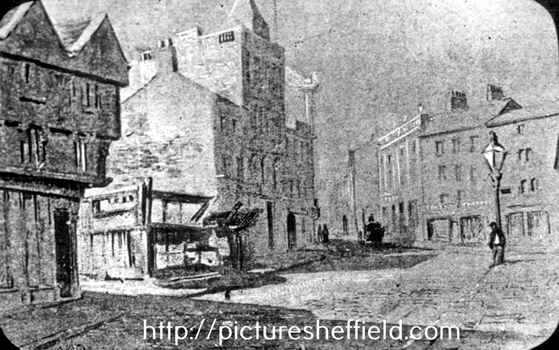 High Street/Market Place at corner of Change Alley, timber framed building on right was formerly a town house, later used by John Wheeldon and Co, manufacturers of leather bands