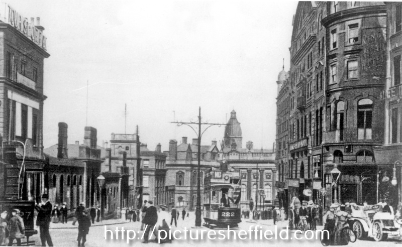 High Street looking towards Commercial Street, Fitzalan Market Hall, left, premises on right include Kings Head Hotel