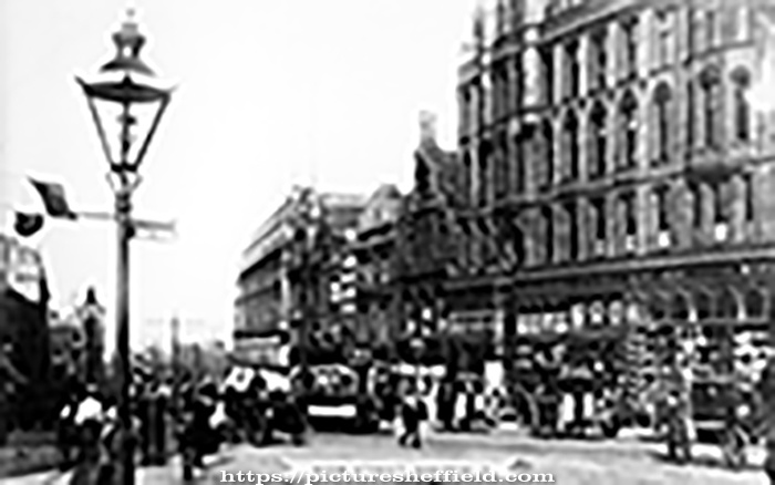 General view of High Street, Foster's Buildings, right (including Nos.10-16 William Foster and Son, tailors, No. 20 Charles Tinker, boot manufacturer), Nos 30 - 32 Sheffield Cafe Co., Central Hotel and Cafe, Nos. 44-64 John Walsh Ltd., general draper