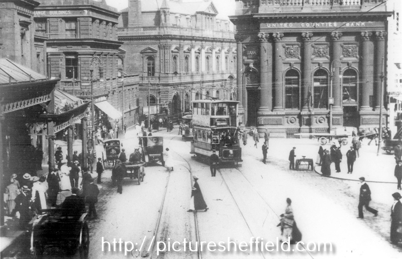 High Street looking towards Commercial Street and Gas Company Offices, Fitzalan Square and Birmingham District and Counties Banking Co. Ltd, right, former General Post Office and Fitzalan Market Hall, left