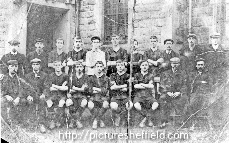 Birley Carr u16's Football Team, Mr. B. Marples is on the right of the goal keeper in the white shirt. Horace Barns in front of Marples, H. Tyler on the left of goal keeper