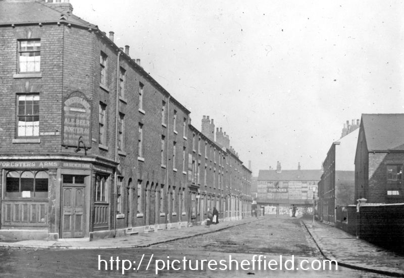 Hodgson Street from Headford Street/Young Street, looking towards Thomas Street, No 91, Headford Street, Foresters Arms, St. Silas' Schools, right