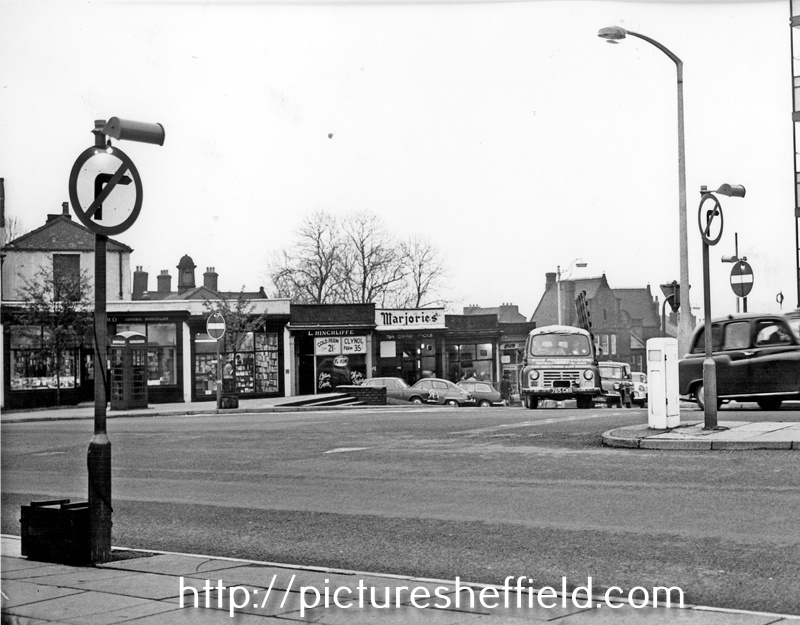 Junction of Brook Hill (extreme left) Leavygreave and Hounsfield Road showing businesses including L. Hinchliffe, hairdressers and Marjorie's Cafe