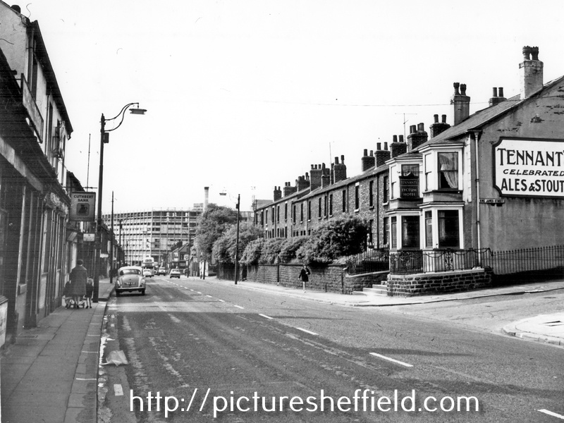 Lyceum Hotel No. 153 and No. 164, Cuthbert Bank public house and other properties, Langsett Road from the junction with King James Street looking towards Kelvin Flats, 1969-72