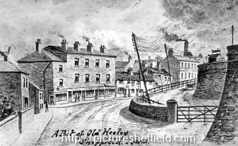 General view, London Road, Heeley, entrance to Heeley Station, right, junction with Well Road, left, premises include No. 41 Thomas Pagdin, pork butcher, No 43 Thomas Ball, florist and fruiterer, No.45 Emma Lee, draper, No. 47 Henry Smith, boot maker