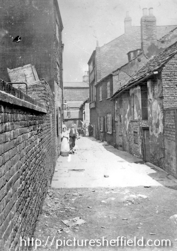Albion Yard off London Road (between Sheldon Street and Hill Street), at the rear of Albion Hotel, left, old inn and brewhouse, right and slaughterhouse, in background, now demolished