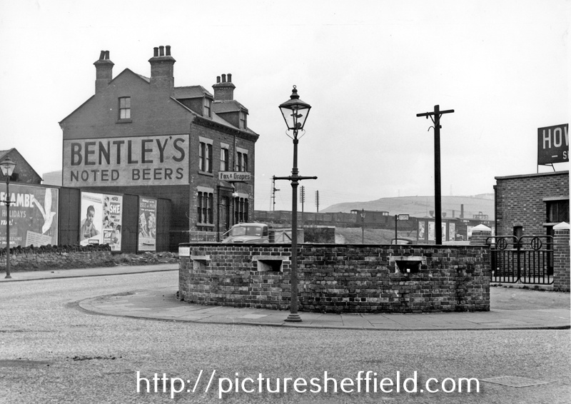 Fox and Grapes public house No. 519, Meadowhall Road and Blockhouse, Sheffield Tube Works, junction of Meadow Hall Road and Alsing Road looking towards Railway Viaduct