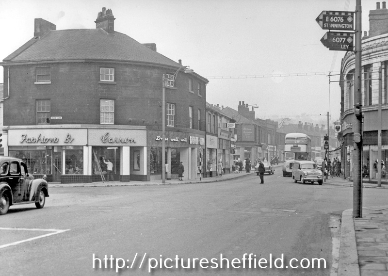 Hillsborough corner showing (left) Carron Fashions, (formerly Hillsborough Inn), ladies outfitters, No. 4 Holme Lane looking up Middlewood Road
